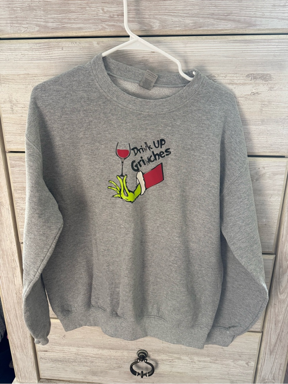 Gildan Gray Crewneck Sweatshirt with Red Wine Graphic and Green Grinch Hand